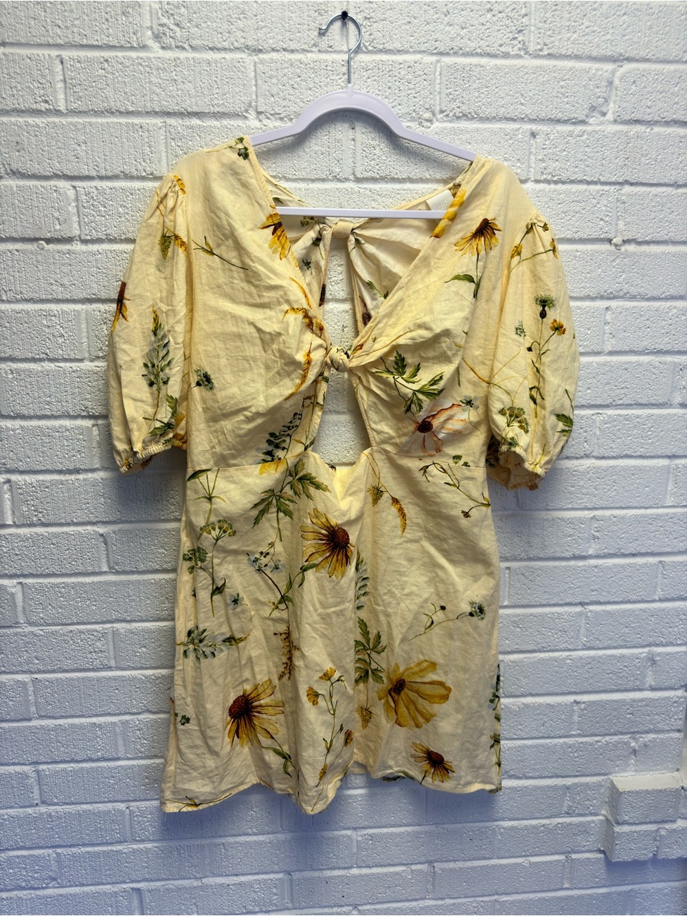 H&M Cream Mini Dress with Yellow Floral Print and Tie-Front Cotton/Linen